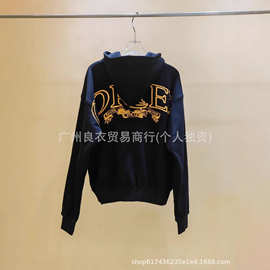 外贸CORT恶魔岛发泡印花拉链开衫深蓝色运动宽松连帽卫衣卫裤套装