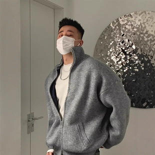 Winter stand-up collar warm sweater men's solid color heavy zipper cardigan jacket lazy style high-end trendy top