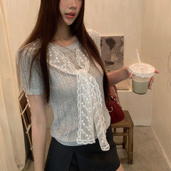 レッドホール半袖 Tシャツ女性のための 2025 新しい夏ショルダーグレーレースニットユニークな美しい年齢を減らすトップ