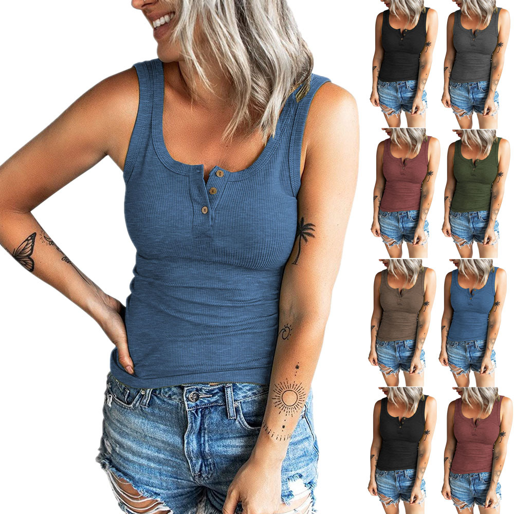 2023夏季TEMU新款WISH欧美外贸女装 螺纹纽扣修身背心上衣T恤