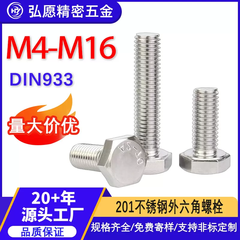 现货批发201不锈钢外六角螺栓M4/M5/M6/M8外六角螺丝全牙六角头