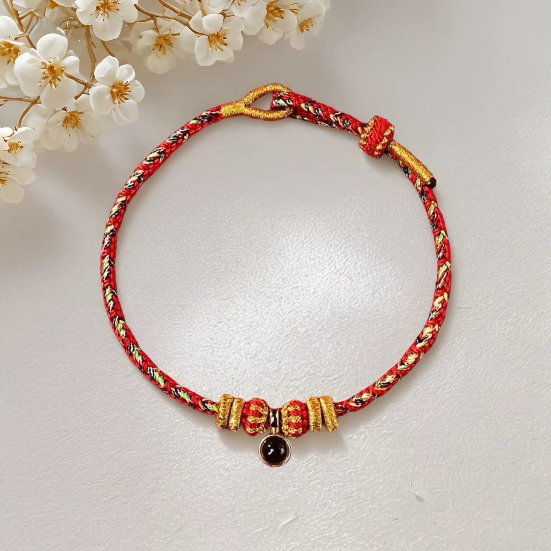 Birthday charm, woven red rope bracelet handmade, one bead bracelet