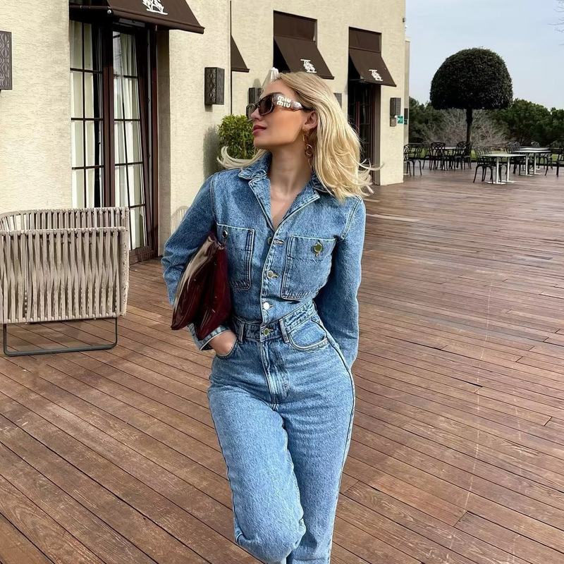 2025 New Spring and Autumn European and American Women's Fashion Suit Collar Pocket Decoration Waist-Cinching Straight-Leg Denim Jumpsuit Long Pants 2025 New Spring and Autumn European and American Women's Fashion Suit Collar Pocket Decoration Waist-Cinching Straight-Leg Denim Jumpsuit Long Pants