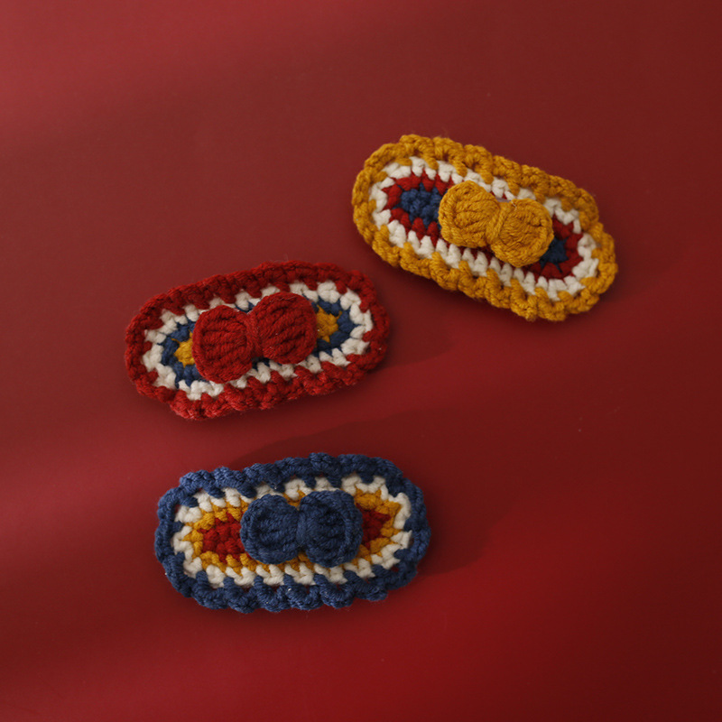 Sweet Lady Handmade Crochet Headpiece with Bow Decoration Wool Yarn Braided Hair Pin for Girls