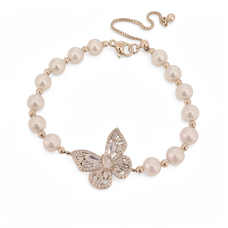 Brazalete de perlas mariposa con cuentas de diamante ligero lujo nicho pulsera de alta sensación temperamento exquisito joyería diaria universal