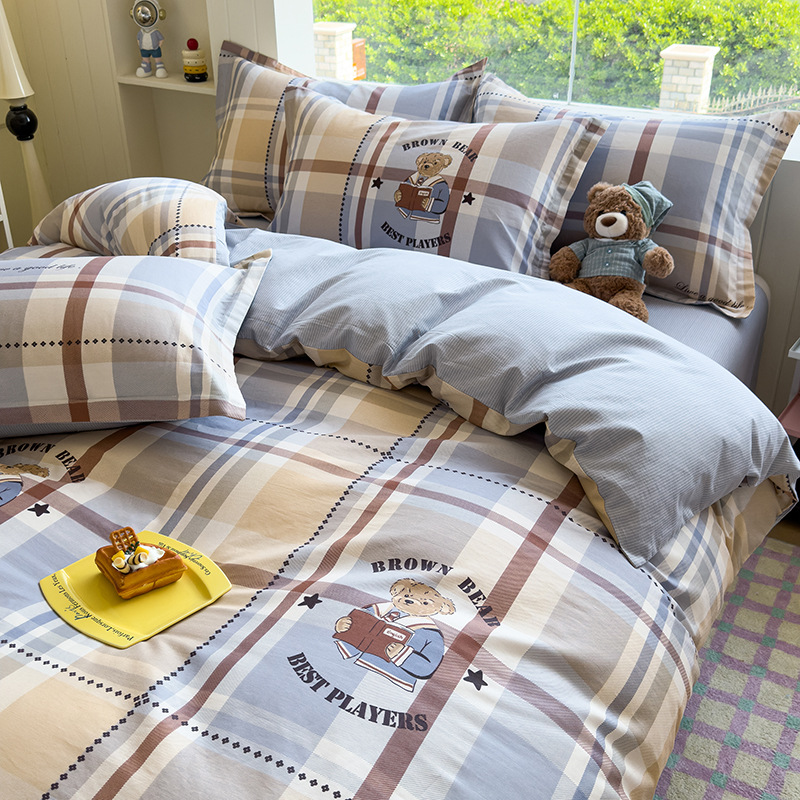 Sin impresión de cuatro piezas de algodón puro, algodón completo, ropa de cama transpirable para estudiantes, cuatro piezas de clase madre y bebé