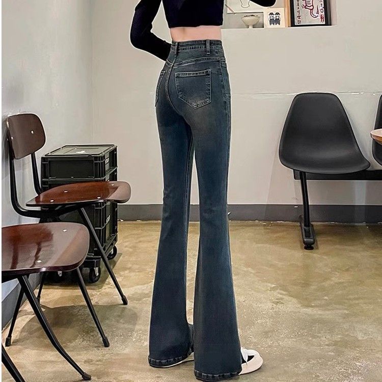 水泥灰微喇牛仔裤女高腰2025秋冬季弹力加绒加厚修身拖地喇叭裤女|undefined