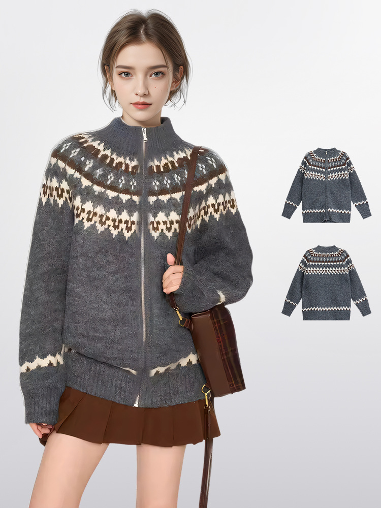 Colored demi-season winter Japanese sweater with zipper