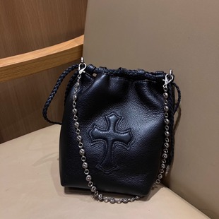 Cross Strap Chain Bucket Bag Women's Explosive Genuine Leather Small Fortune Bag Crossbody Bag European and American Fashion Trend Shoulder Bag