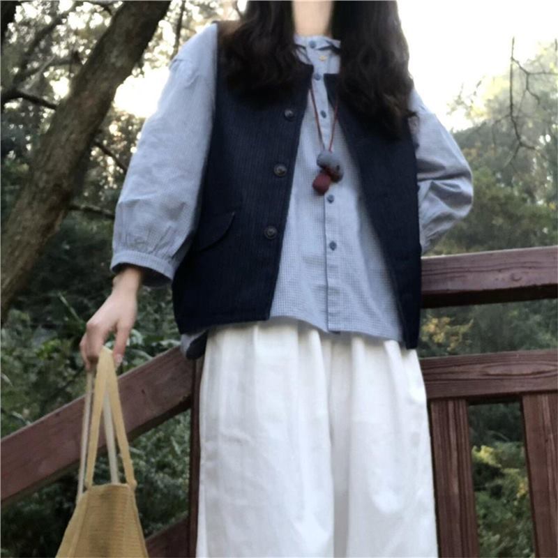 日系学院风简约条纹牛仔马甲搭配木耳花边格纹衬衫白裤子三件套装|undefined