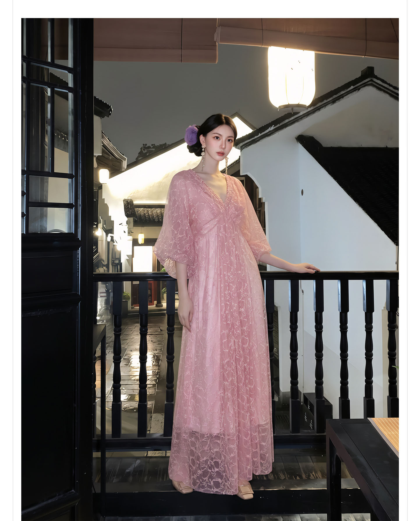 Đầm maxi nữ phong cách Tân Trung Hoa họa tiết batik ren jacquard dáng dài — Trang chủ chi tiết 11