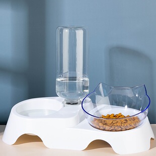 Pet Double Bowl with Water Bottle Automatic Drinker Cat Bowl Food Basin Rice Basin Protection Cervical Spine Cat Dog Bowl Cat Ear Bowl