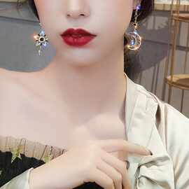 925银针不对称耳环 时尚新款潮韩国气质长款星月耳坠个性耳钉女