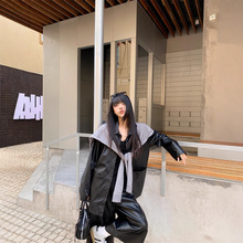 实拍2025秋冬帅气黑色中长款可收腰皮衣外套+松紧腰8分裤皮裤套装