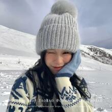花少同款兔毛针织帽子女冬季加厚套头帽狐狸毛球护耳保暖毛线帽潮