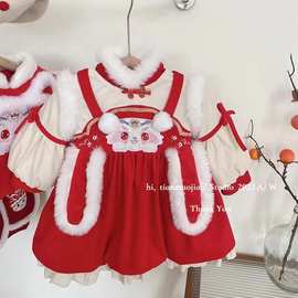 冬季童装新品2025新女童卡通加绒加厚中国风小兔子保暖连衣裙年服