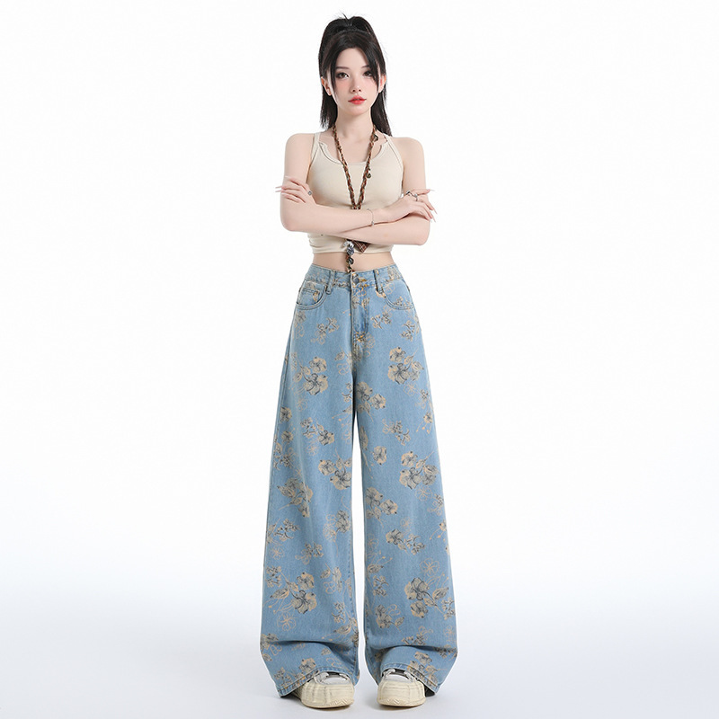 [High Quality] Light Blue Wide-Leg Jeans for Women 2026 Spring Loose Slimming Printed Draped Wide-Leg Pants 550