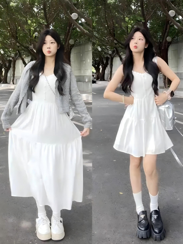 白色吊带连衣裙子女夏季2025新款超火早秋流行气质穿搭一整套装|undefined