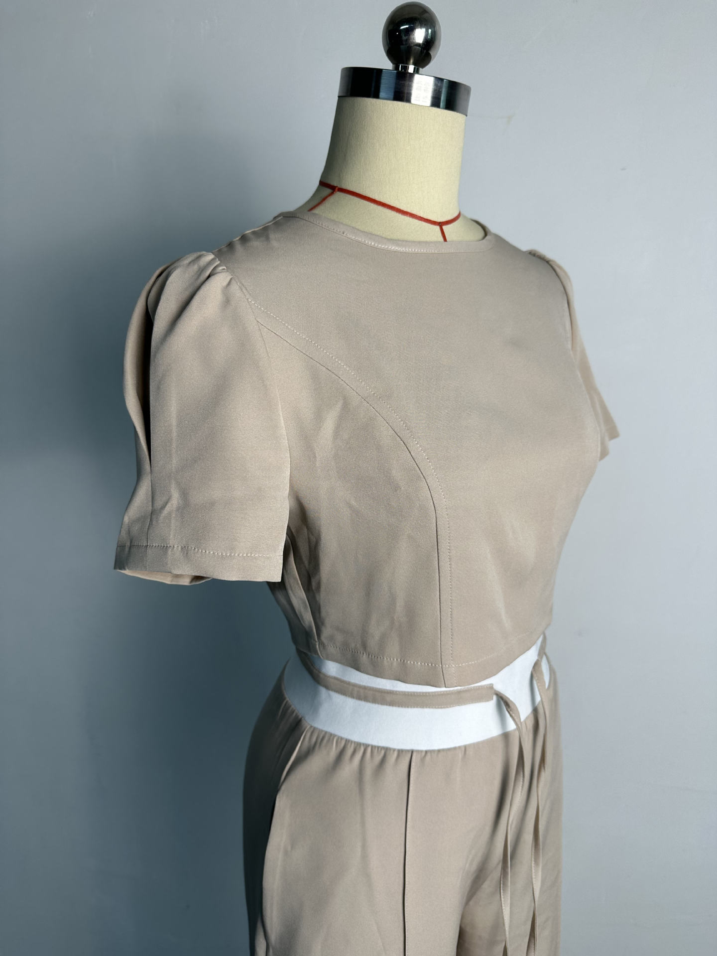 Women Clothing Spring Summer Round Neck Puff Sleeve Top Lace Up Wide Leg Pants Casual Suit