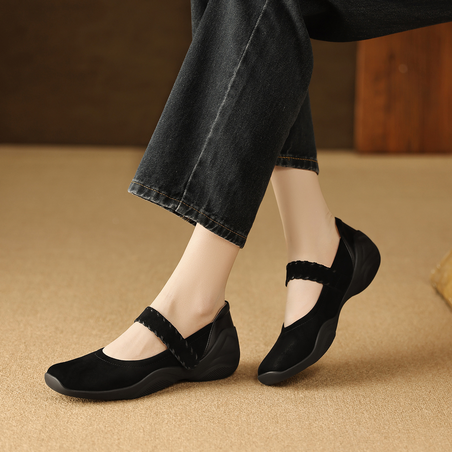 Giày Mary Jane nữ quai ngang khóa T, gót thấp 4 cm, da cừu mềm — đen