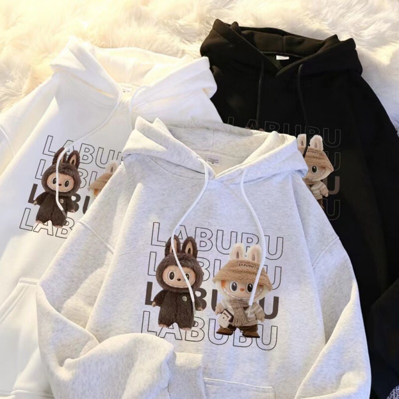 2025 Autumn New Cartoon Cute Labubu Hooded Sweatshirt Women's Loose Plus Size Long Sleeve Top Foreign Trade Wholesale