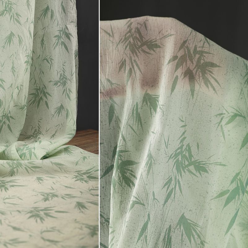 Bamboo Leaf Green Semi-Transparent Gauze Fabric, Plant Pattern Creative Printing and Dyeing, National Style Skirt, Cardigan, Clothing Designer Fabric