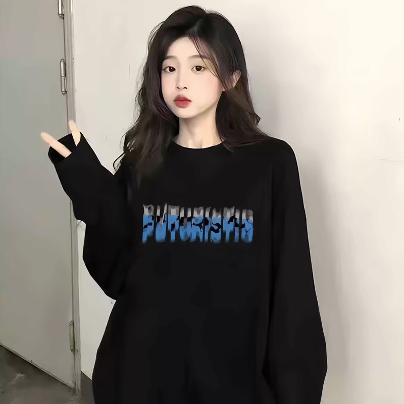 Heavyweight Black Crew Neck Sweatshirt for Women, Spring, Autumn, Winter, Trendy Brand, Artistic, Cool Style, Loose Fit, Versatile, Warm, Fleece-Lined Top