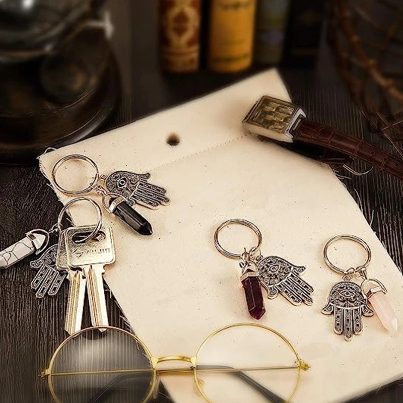 European and American Cross-Border Export Jewelry Natural Crystal Hexagonal Column Keychain Fatima Evil Eye Palm Keychain European and American Cross-Border Export Jewelry Natural Crystal Hexagonal Column Keychain Fatima Evil Eye Palm Keychain