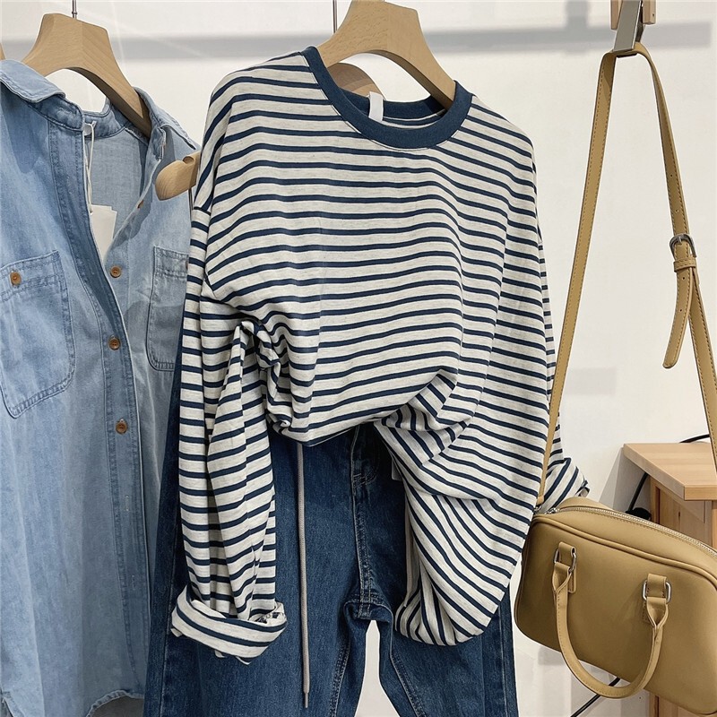 2026 Early Autumn New Style Loose Versatile Striped Long-Sleeve T-Shirt for Women, Round Neck, Lazy Style, Inner Layer Base Shirt Top 2026 Early Autumn New Style Loose Versatile Striped Long-Sleeve T-Shirt for Women, Round Neck, Lazy Style, Inner Layer Base Shirt Top