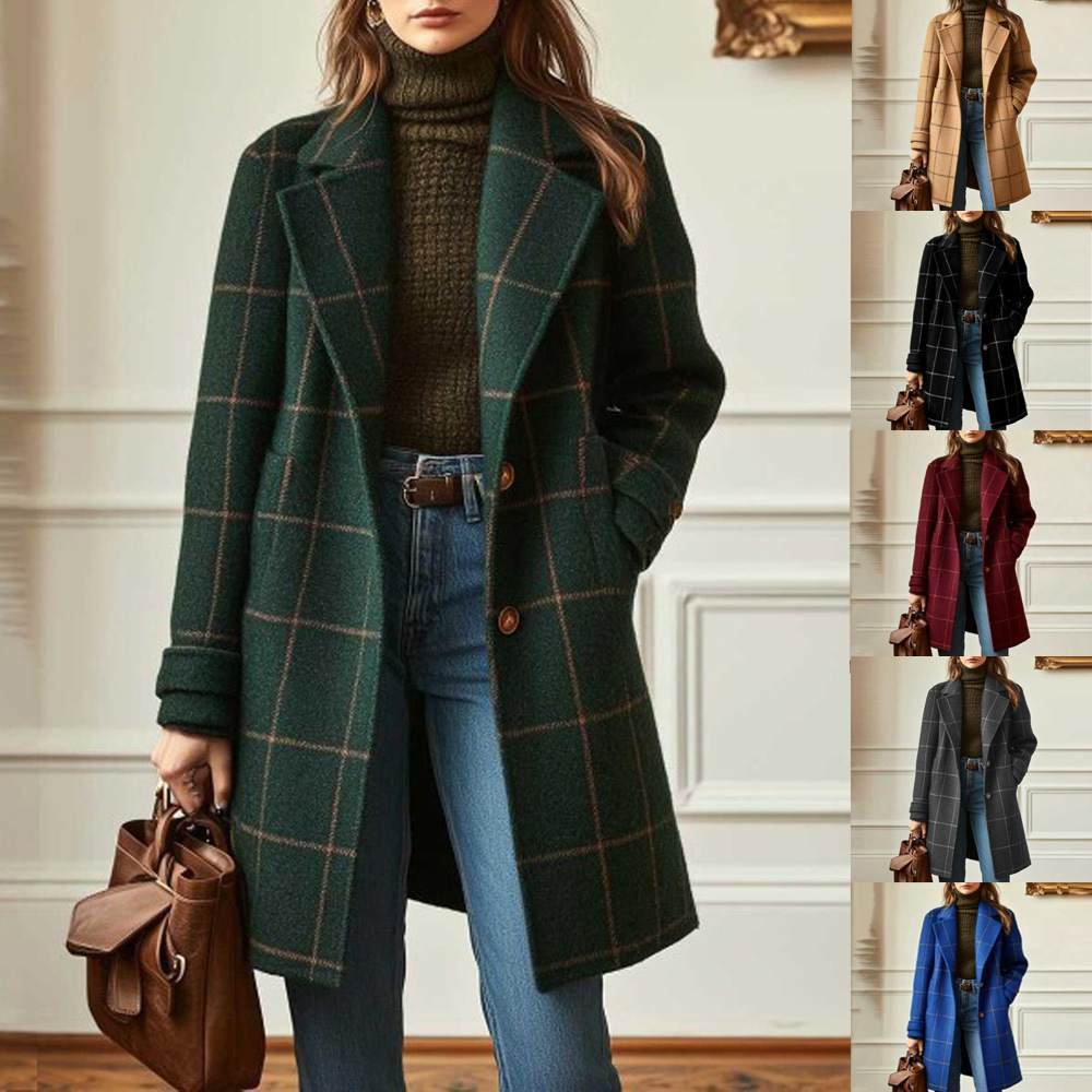 Amazon Cross-Border 2025 European and American Style Retro Plaid Casual Elegant Mid-Length Lapel Outwear Women's Woolen Outwear