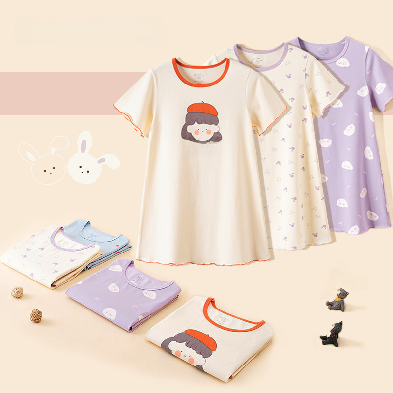 Baby Girl Cotton Summer New Arrival Short Sleeve Small and Medium Children's Korean Children Princess Cartoon Lace Baby Girl Sleepwear
