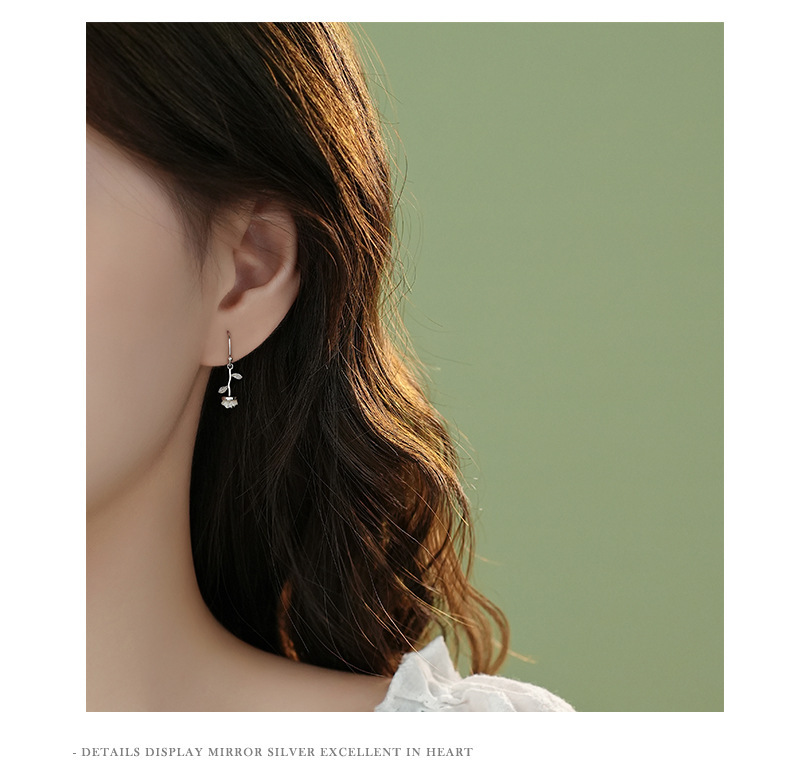 Rose Drop Earrings In Pure Silver For Women Forest Style Studs_voghion.com