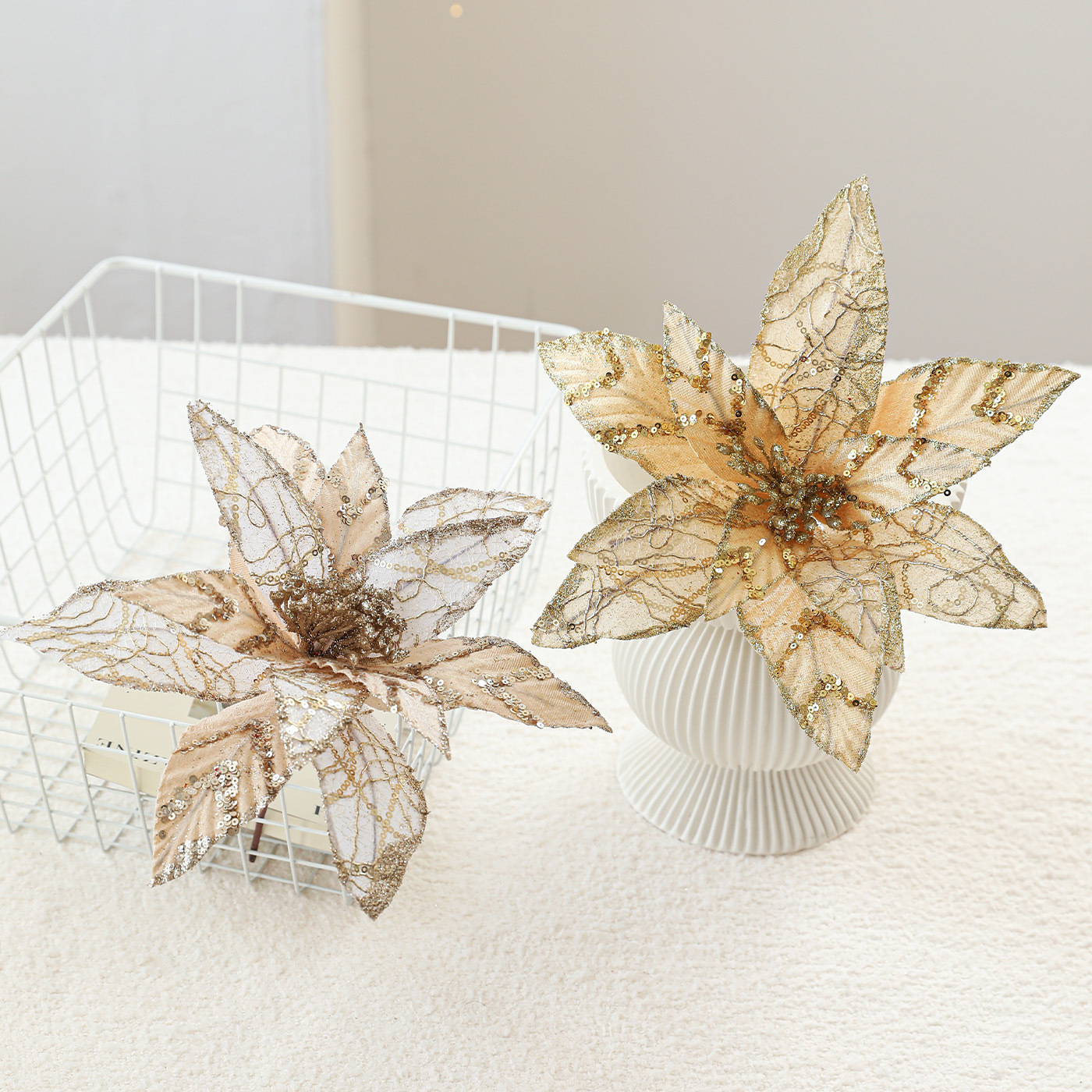 Flores de Navidad 28CM decoración de Navidad árbol de Navidad de alta calidad polvo de oro polvo de tela flor de tela tela tela de flores de malla simulación