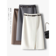 春秋の通勤OL向けスリット入りハイウエストスリムミディ丈スカート グレーのオフィスウェアスカート 2883