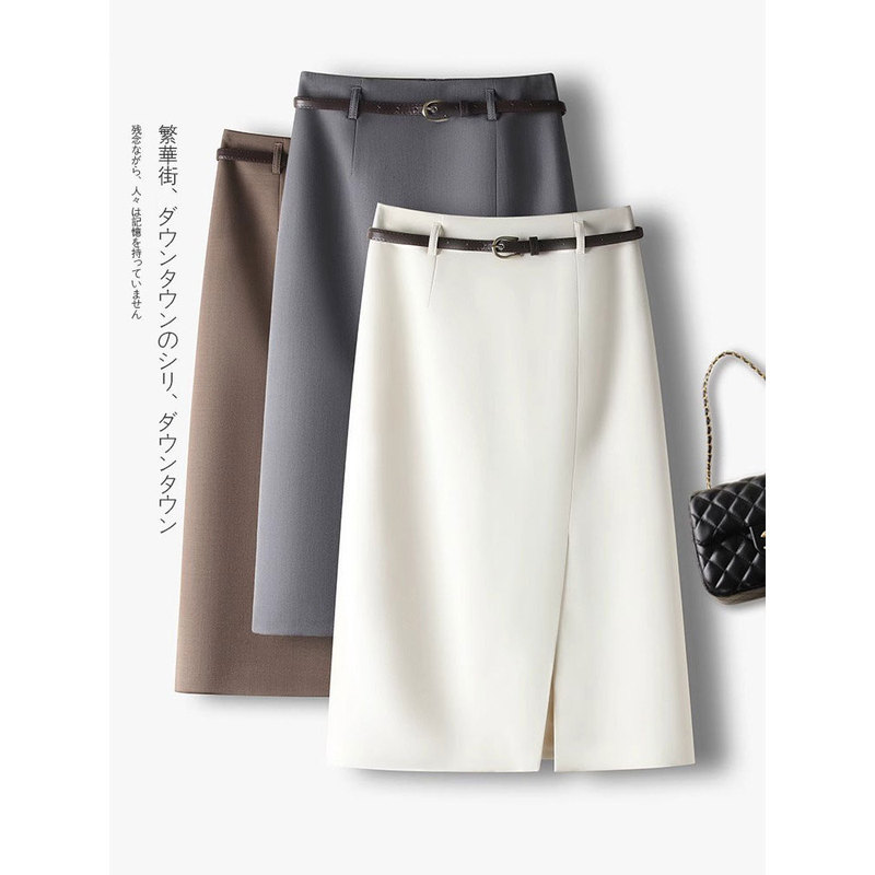 Spring and Summer Elegant Commuter Ol Skirt with Slit, High Waist, Slimming Mid-Length Professional Wear Gray Long Skirt 2883