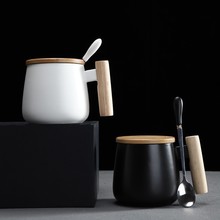 矮款大肚木柄杯 创意陶瓷杯带盖勺水杯咖啡杯礼盒套装马克杯logo