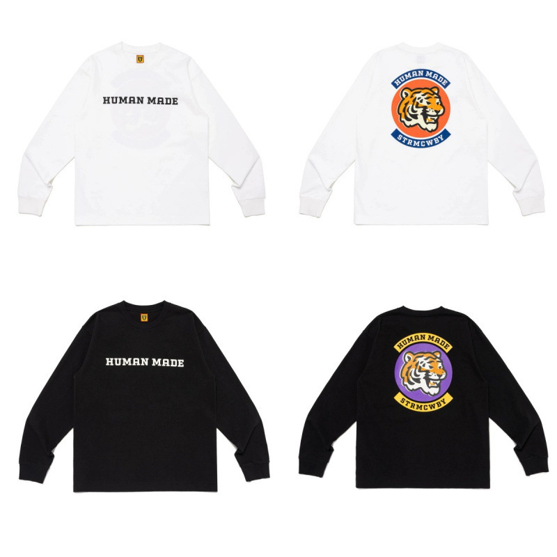 2025年新登場！ HUMAN 日本のレトロな愛の虎の頭の漫画プリントヘビーウェイト長袖 T シャツロング T シャツ|undefined