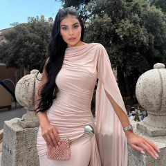 时尚优雅风纯色带披肩褶皱修身包臀礼服连衣裙2025跨级欧美风新款