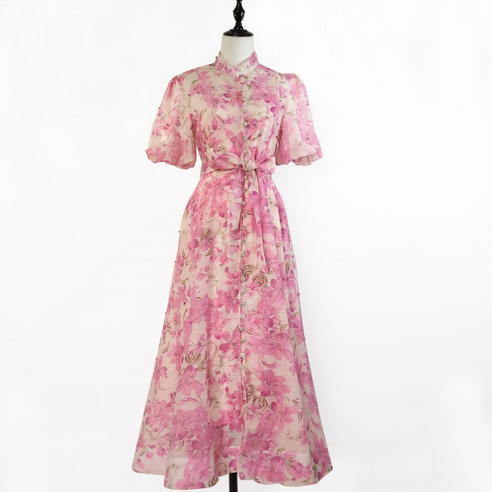 Đầm maxi nữ thắt eo cổ đứng tay lồng đèn đính đá phong cách Pháp — Màu trơn xanh lam, Màu trơn trắng, Hoa xanh da trời, Hoa hồng đậm chi tiết 42