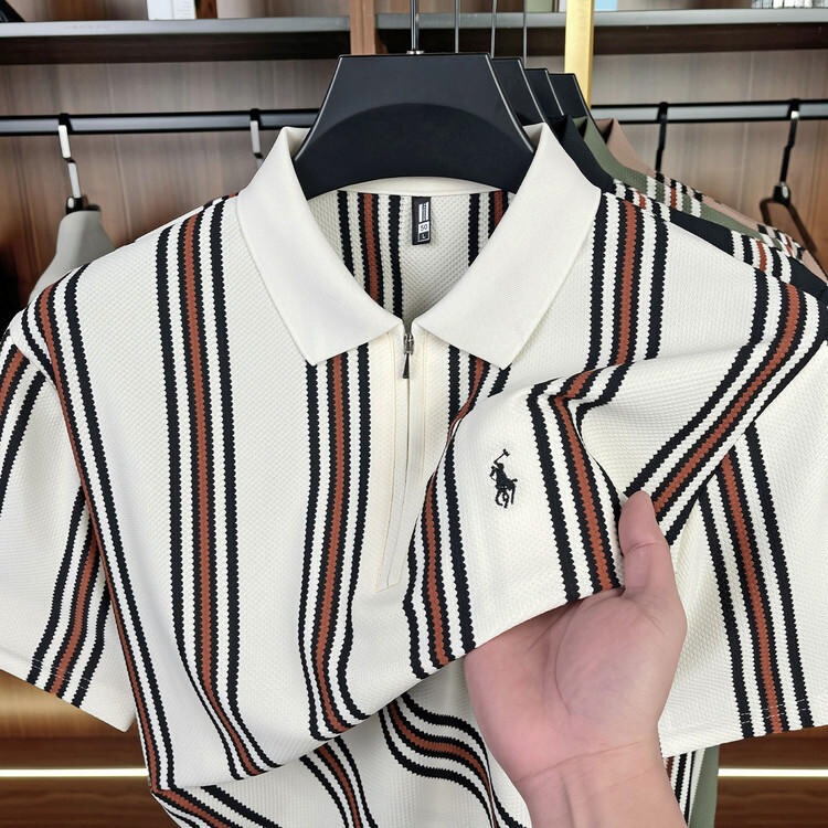 Cross-Border Foreign Trade Half-Zip Short-Sleeved Polo Shirt for Men, Summer Simple Casual Fashion Striped T-Shirt with Horse Logo Embroidery Cross-Border Foreign Trade Half-Zip Short-Sleeved Polo Shirt for Men, Summer Simple Casual Fashion Striped T-Shirt with Horse Logo Embroidery