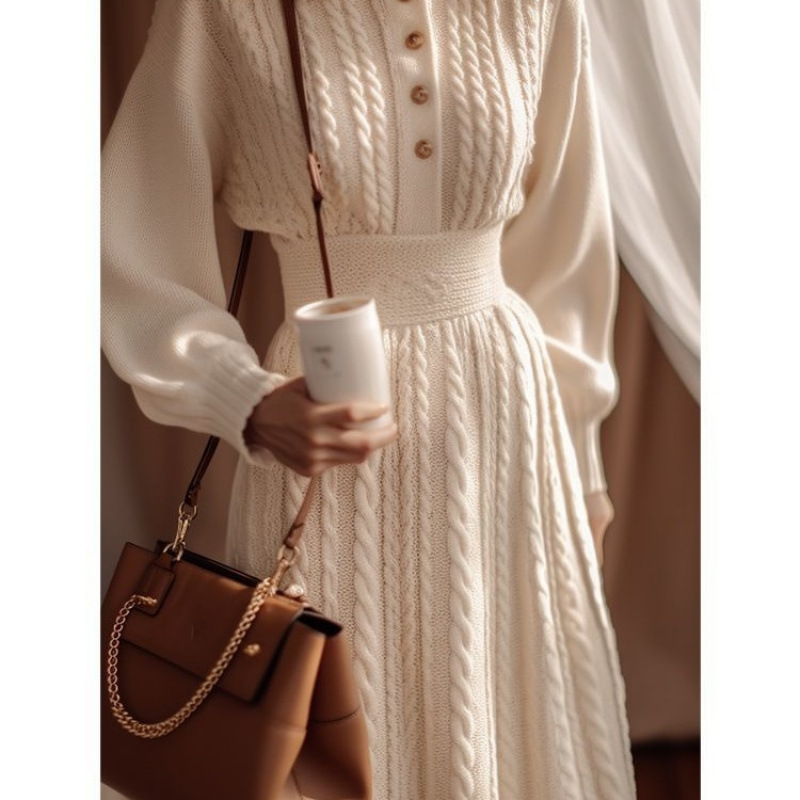 Off-White Fashionable Inner Dress Autumn and Winter Petite Long Knitted Sweater Dress Classy Exquisite Bottoming Skirt for Women
