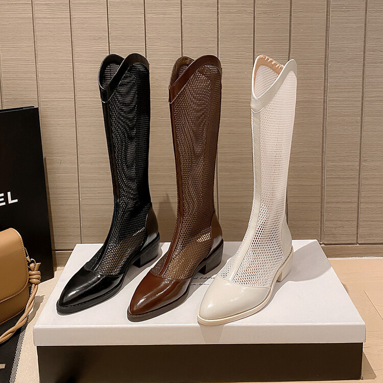 Boot nữ cổ cao da thật đế thô gót vuông ống lưới rỗng dây kéo sau — Màu nâu ống lớn, Ống nhỏ màu đen, Ống nhỏ màu nâu, Ống nhỏ màu trắng Be chi tiết 22