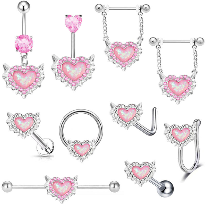 Stainless Steel New Pink Heart-Shaped Opal Belly Button Ring Clip Earrings Nose Stud Body Piercing Jewelry_voghion.com