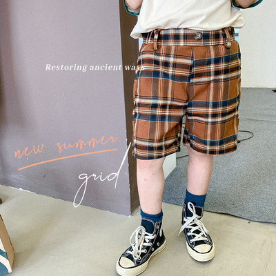 2021 summer Children's clothing new pattern Korean Edition Children Male treasure Retro American style lattice Five point pants Elastic design