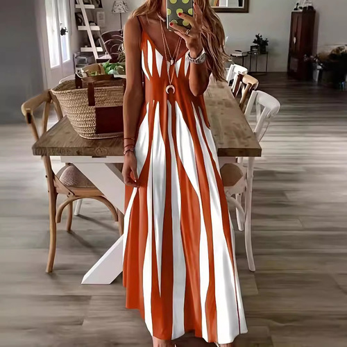 Summer New Arrival European and American Style Hot-Selling Casual Strappy Printed V-Neck Sleeveless Long Dress/One-Piece Dress