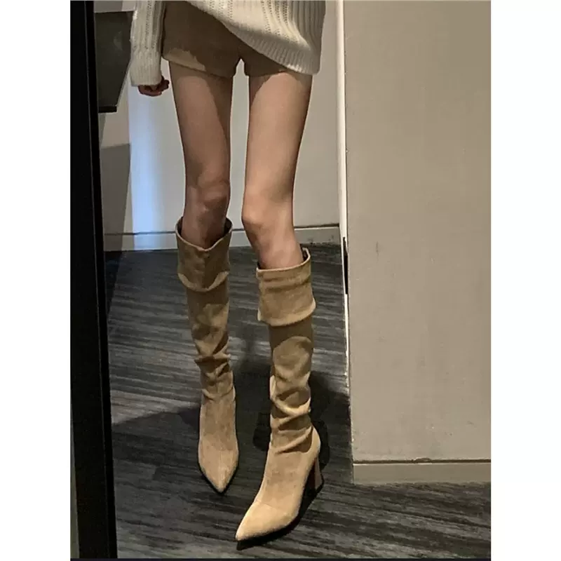 尖头绒面褶皱堆堆靴子女2025年秋冬新款过膝长筒靴粗跟高筒骑士靴