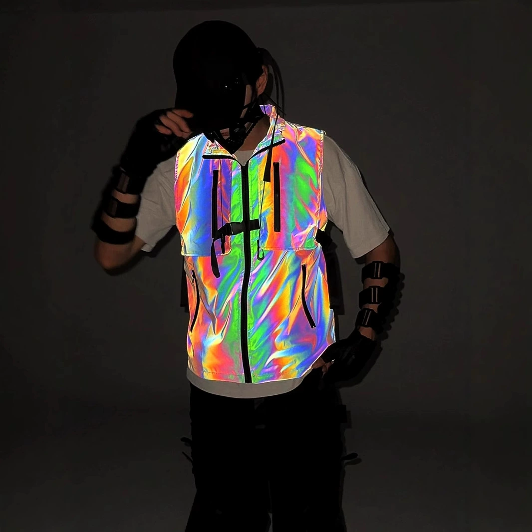 Функционал стиль красочный светоотражающий жилет жилет для мужчин и женщин свободный дикий карман без рукавов
