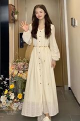 法式镂空刺绣长袖连衣裙2025春秋新款女气质收腰系带高级感长裙子