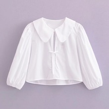 6462-24夏季新款 欧美风娃娃领绑带长袖短款简约休闲纯白府绸衬衫