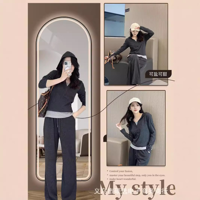 2025 Sheep Wool Glutinous Rice Set European Style Hooded Slim Fit Draped Long Pants Fashion Outfit Casual Wear